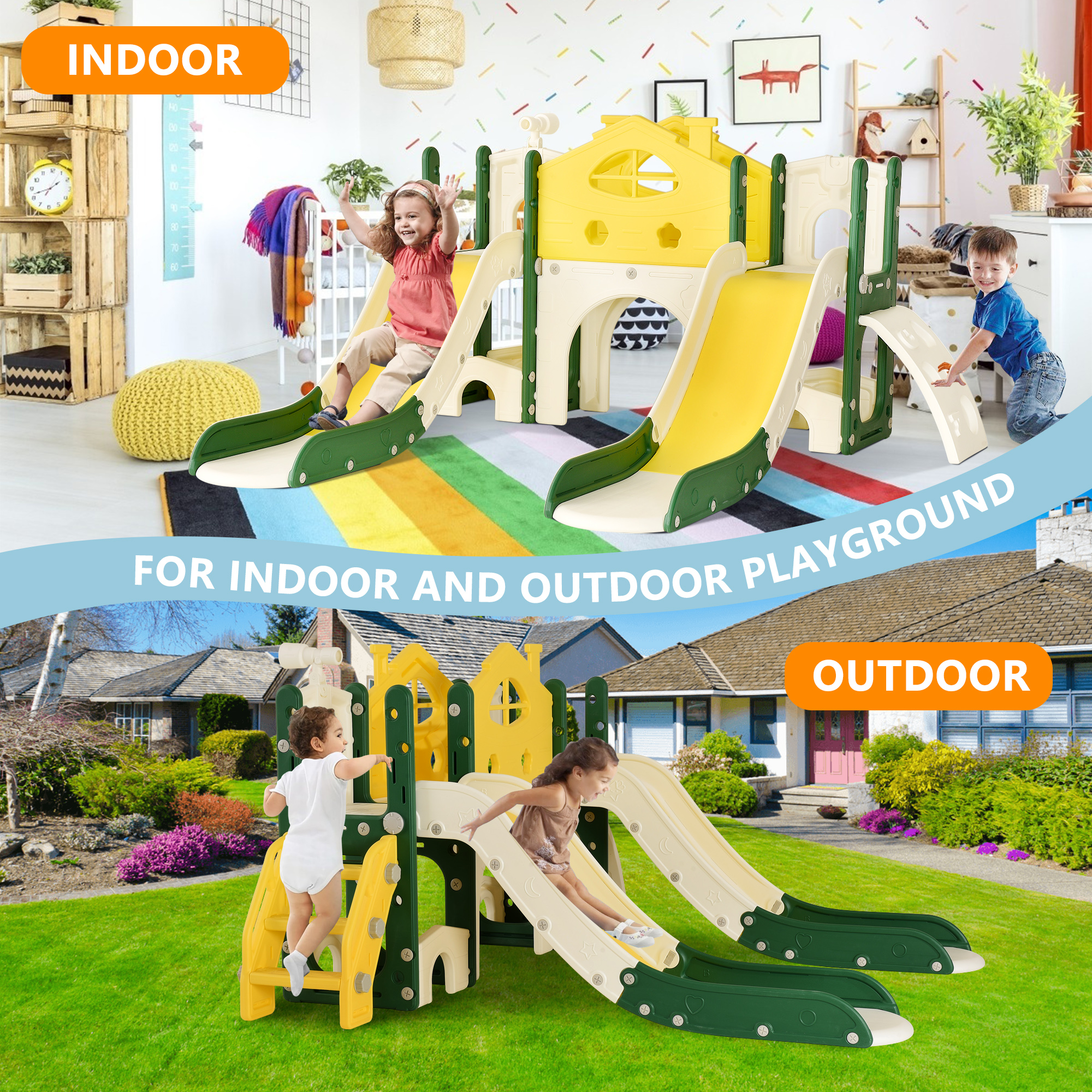 ROSAHQNDA Indoor Outdoor Rutschen für Kinder, Burgrutsche Kletterspielzeug für Kinder, 7 in 1 Kinderrutsche Klettern Bohrspiel