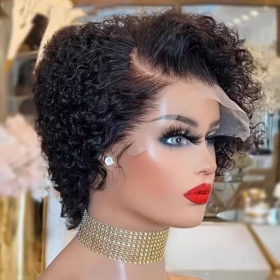 Qvr curto bob peruca pixie corte peruca encaracolado perucas de cabelo humano para as mulheres perucas dianteiras do laço peruano onda profunda peruca do laço preplucked linha fina