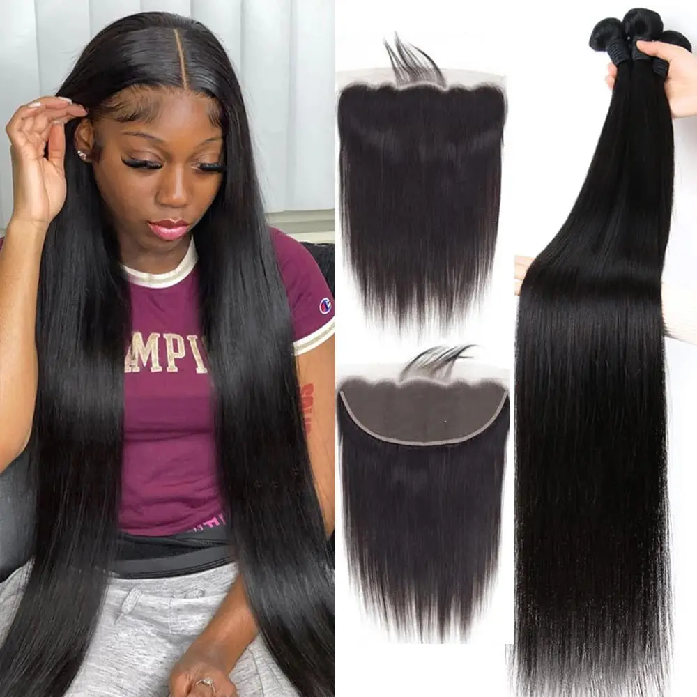Pacotes de cabelo humano retos brasileiros, Pacotes de cabelo Remy, 13x4 Lace Frontal Encerramento, 3 Pacotes