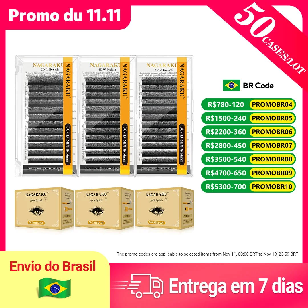 NAGARAKU Envio do Brasil 50 caixas W Shape 3D 4D 5D Pré-fabricado Fãs Extensões de cílios Entrega rápida