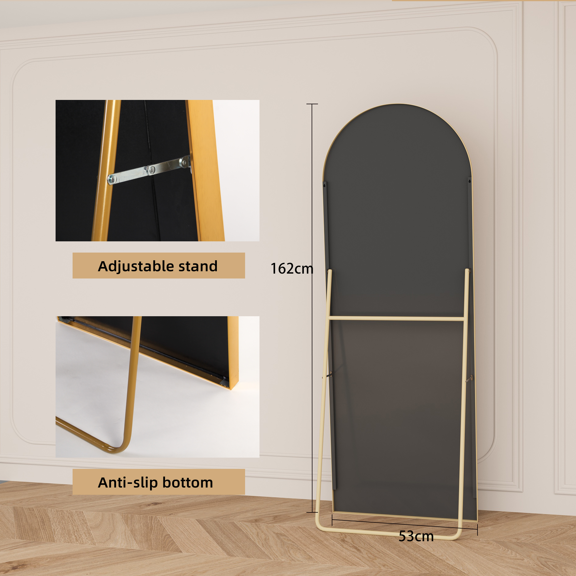 Espelho de comprimento total, espelho de suporte curvo, espelho grande de comprimento total, montado na parede, espelho inclinado, espelho de pé,