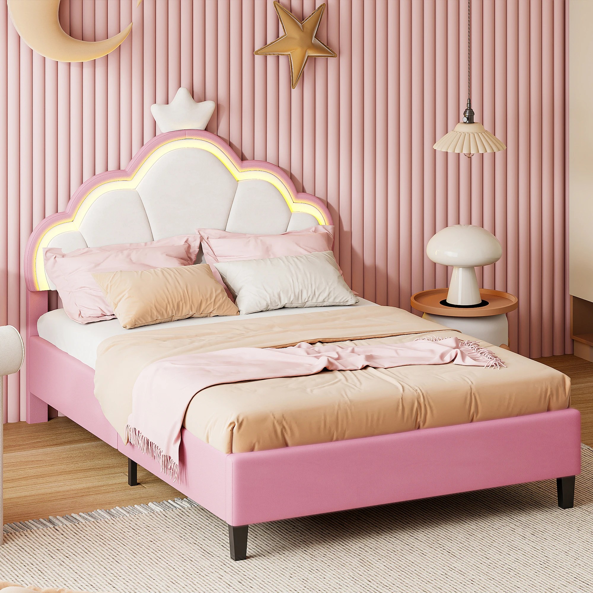 Rosahqnda Cama infantil, cama individual para niñas, cama doble, cama princesa en forma de corona, cabecero ajustable, rosa
