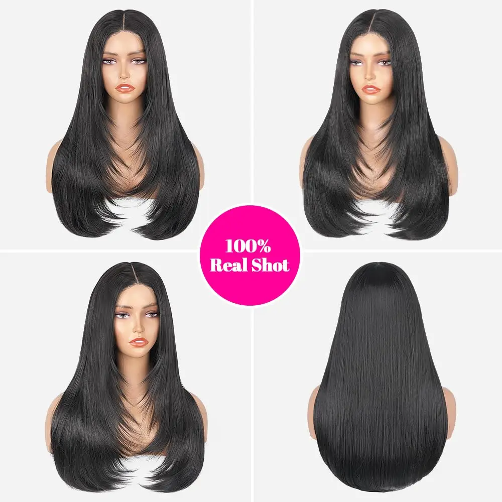 Peruca de renda reta com corte em camadas, pré-selecionado, sem cola, 13x4, para mulheres, corte de cabelo de borboleta, peruca de cabelo sintético