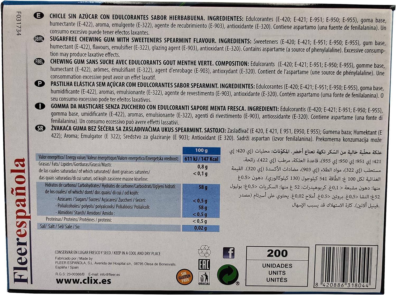 Caixa de goma Clix sabor de hortelã-pimenta sem açúcar - goma individual sem açúcar dragea sabor menta e embalada individualmente. Sem Glúten. Caixa de 200 gomas.