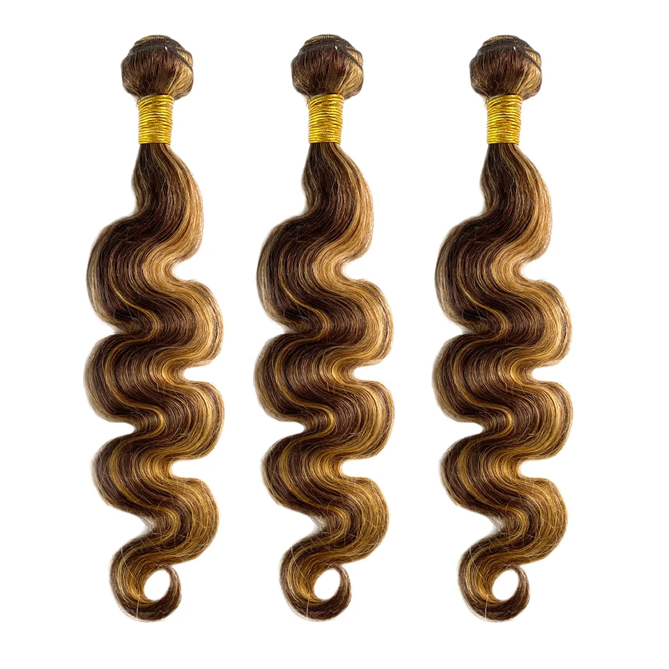 Destaque pacotes de onda do corpo com frontal mel loira p4/27 pacotes de cabelo onda do corpo extensões de cabelo humano com 13x4 laço frontal