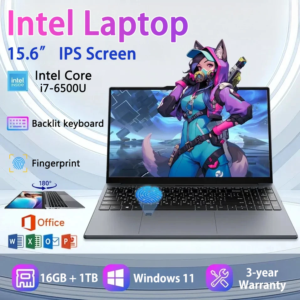 Komputer PC 15,6'' 16GB DDR4 1TB 2TB SSD Intel i7-6500U Odblokowanie odciskiem palca Windows 11 Laptopy Biuro Nauka Notebook