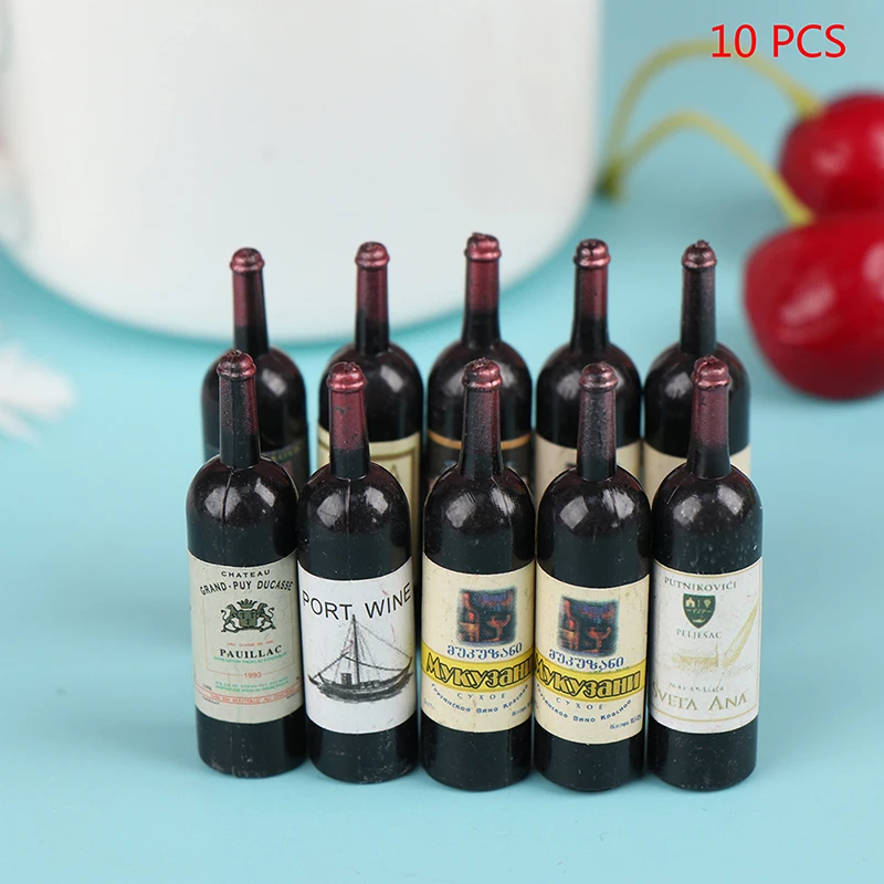 Minibotella de vino en miniatura para casa de muñecas, accesorios de decoración, modelo de muebles, juguetes, regalos para niños, 1/12, 10 unidades por lote