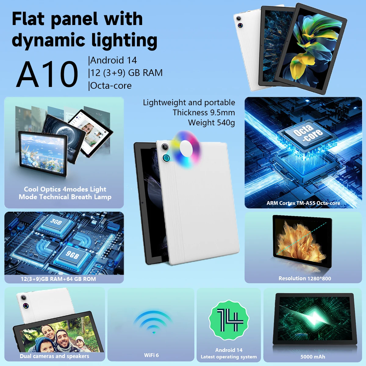 Android 14 10 inch Tablet, A523 Octa Core, 8GB RAM + 64GB ROM(TF 1TB), 5000mAh, Face Unlocked,Black+Keyboard & Mouse Set, Black