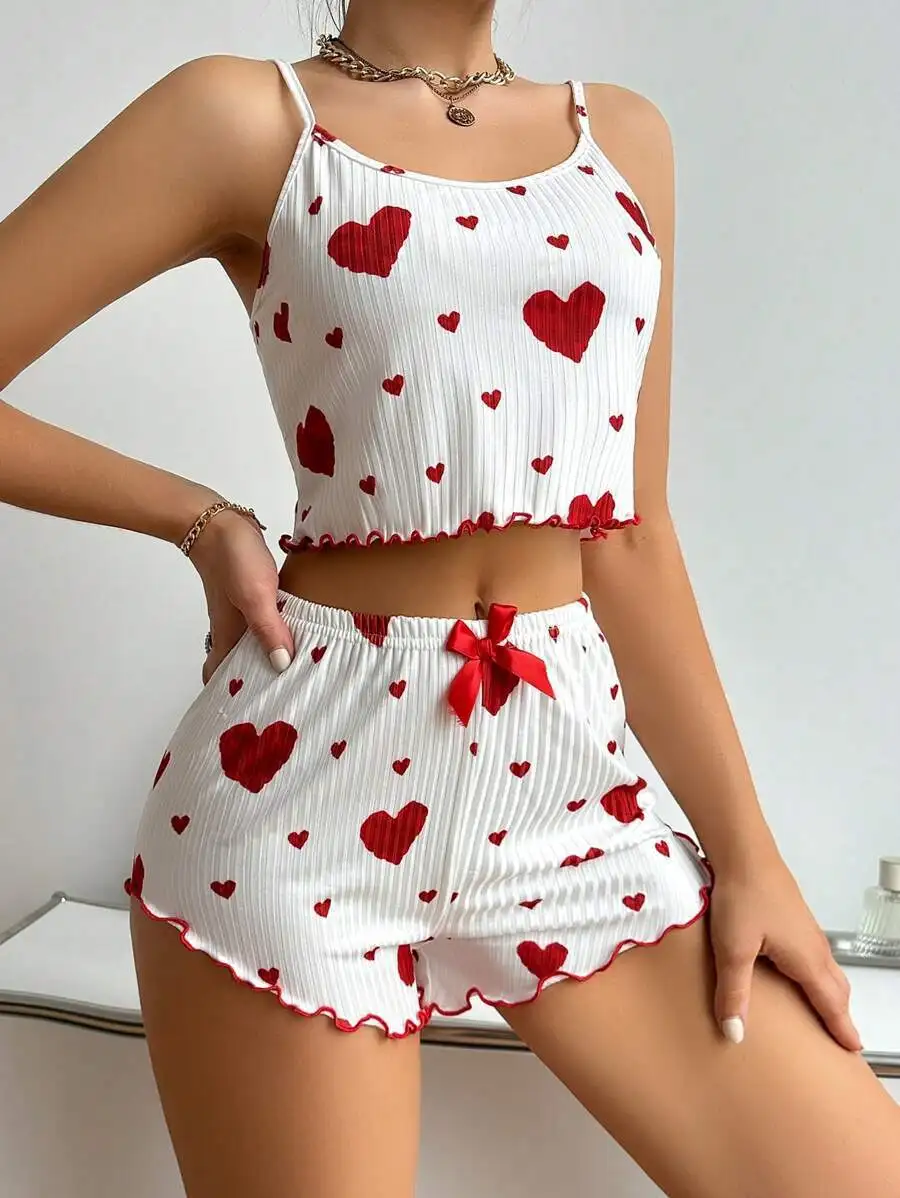 Conjunto de pijama con estampado de corazón de 2 piezas para mujer, top corto sin mangas y pantalones cortos, ropa de dormir suave y cómoda para ropa de dormir de verano