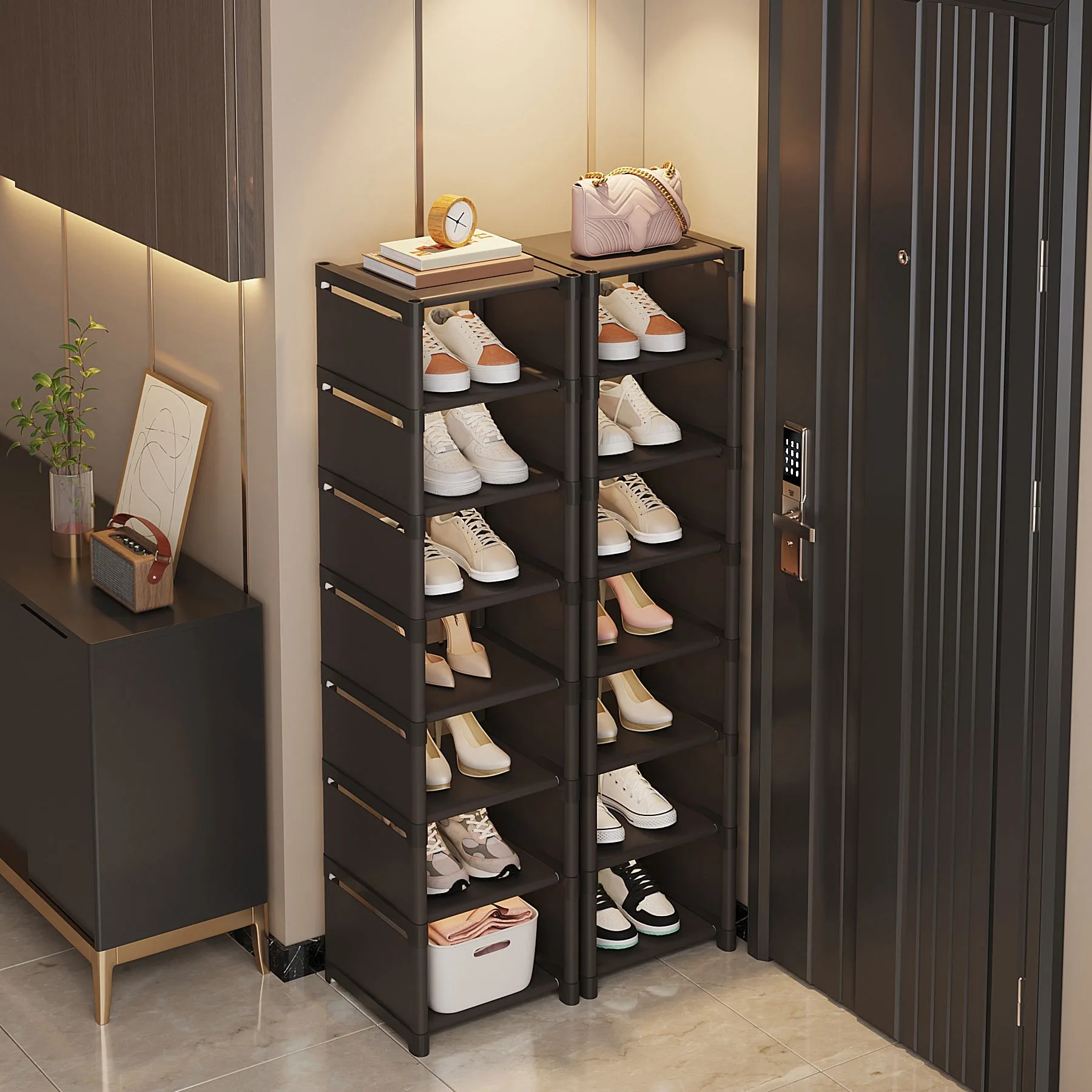 Organizador de zapatos de múltiples capas, organizador de zapatero en la puerta, estante de tela no tejida, estante apilable, ahorro de espacio ajustable
