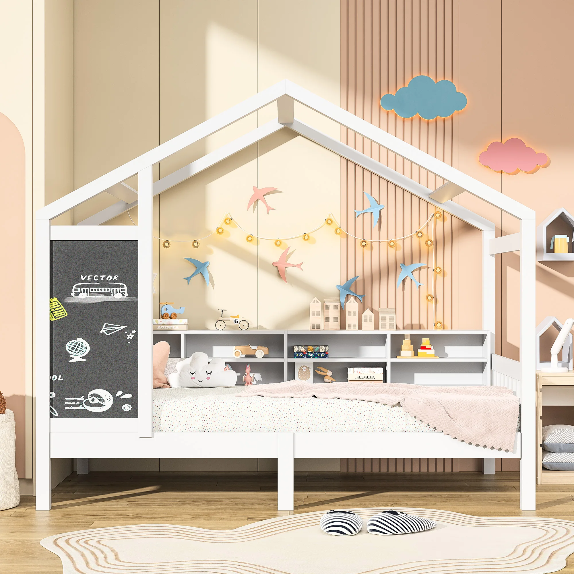 Cama infantil de madeira com quadro-negro e espaço de armazenamento, madeira maciça com moldura ralada, sem colchão, 90x200 cm