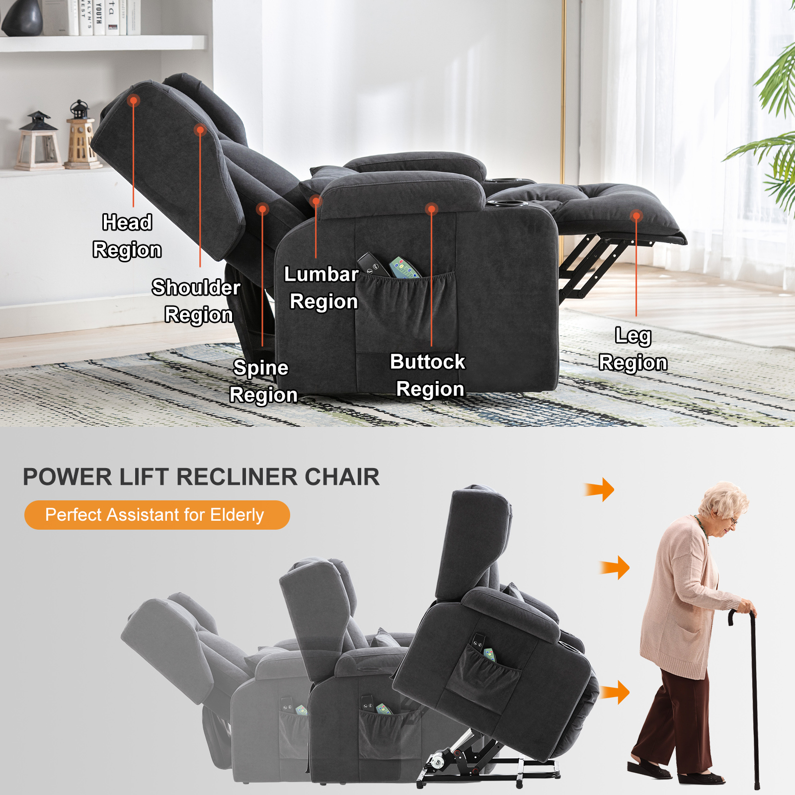 COMHOMA Sillón relax Sillón de masaje de ayuda de pie con superficie de tela Sillón de TV eléctrico con función reclinable de ayuda de pie