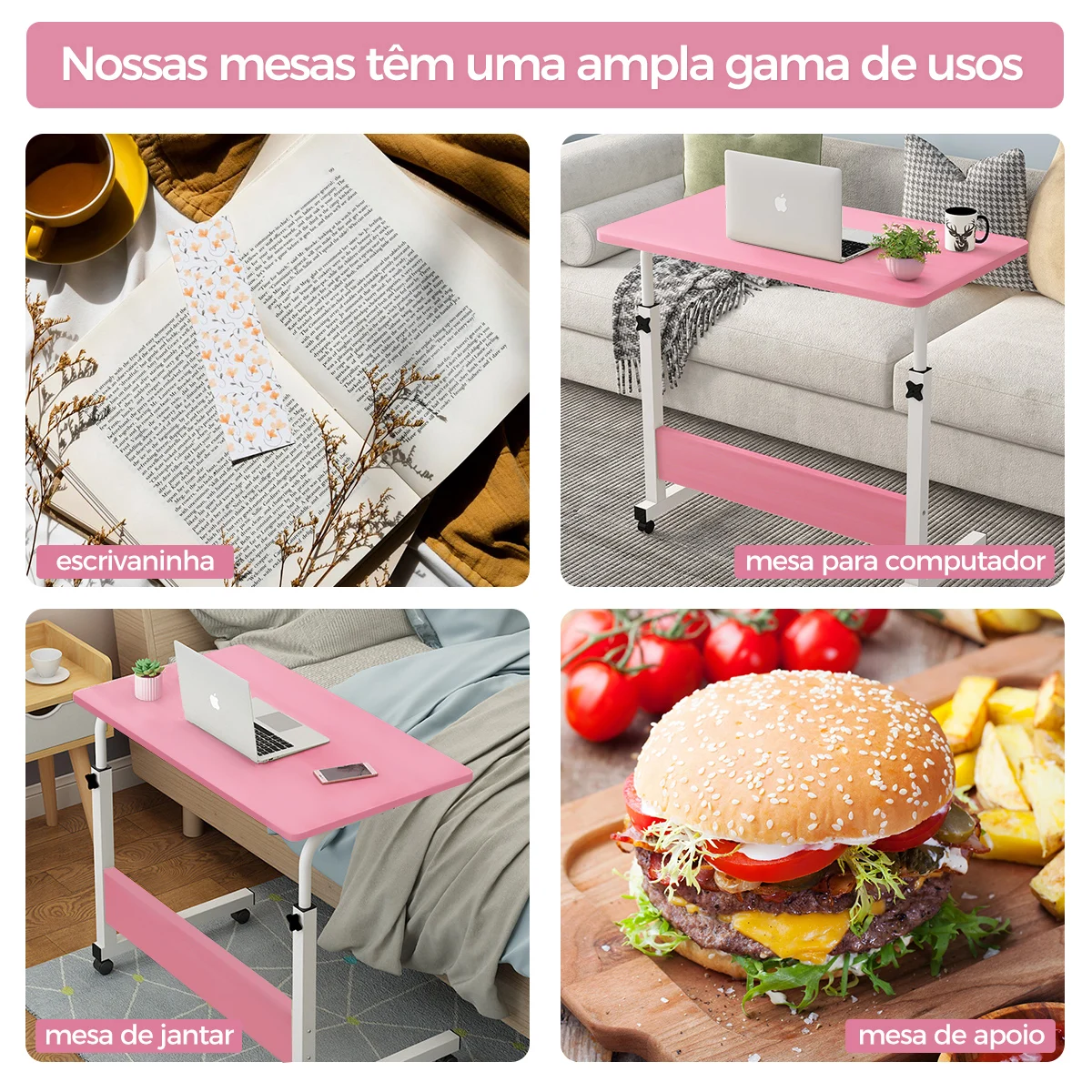 Mesa ajustável para laptop com rodas, mesa giratória para computador ao lado do sofá-cama, mesa elevatória para laptop, mesa lateral