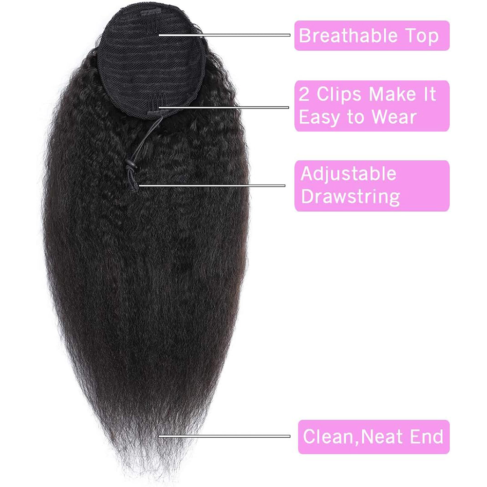 Extensión de cabello humano con cola de caballo recta rizada, 100% cabello humano Real envolvente con cordón en cola de caballo, negro Natural # 1B para mujeres
