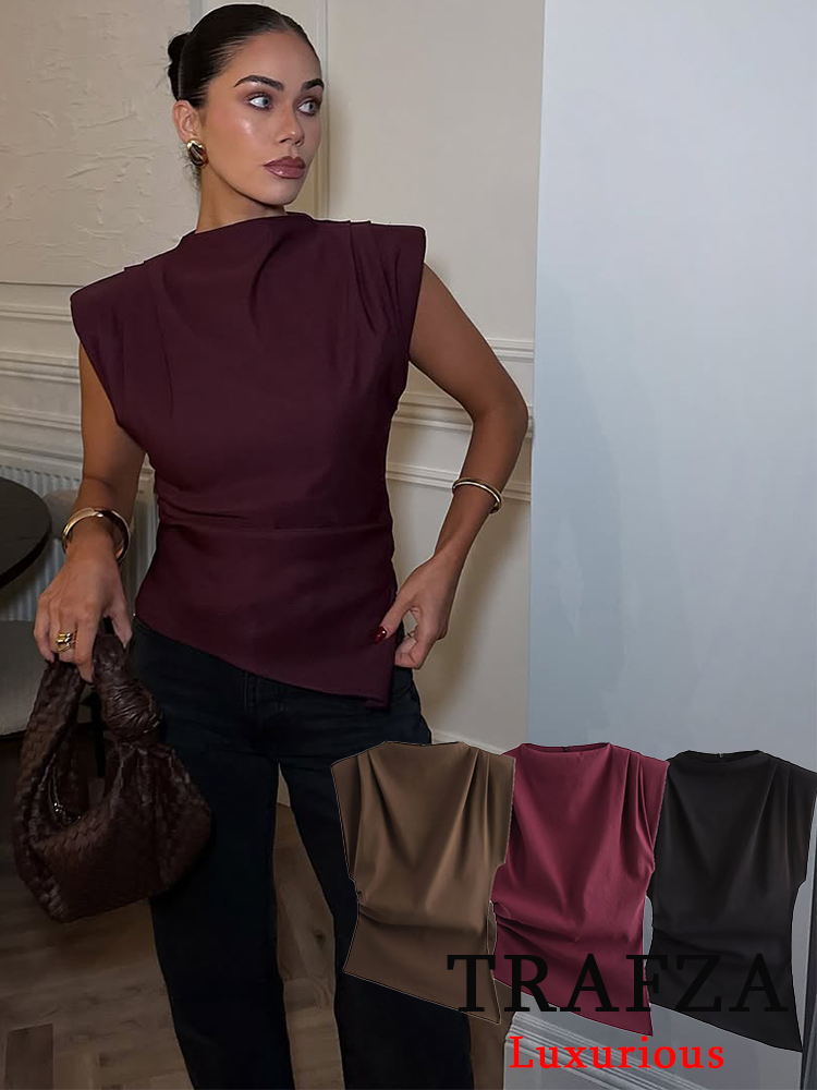 TRAFZA Vintage Chic mujer sólido asimétrico cuello redondo cremallera sin mangas pliegues cruzados Top moda 2025 ropa de calle Top con hombros acolchados