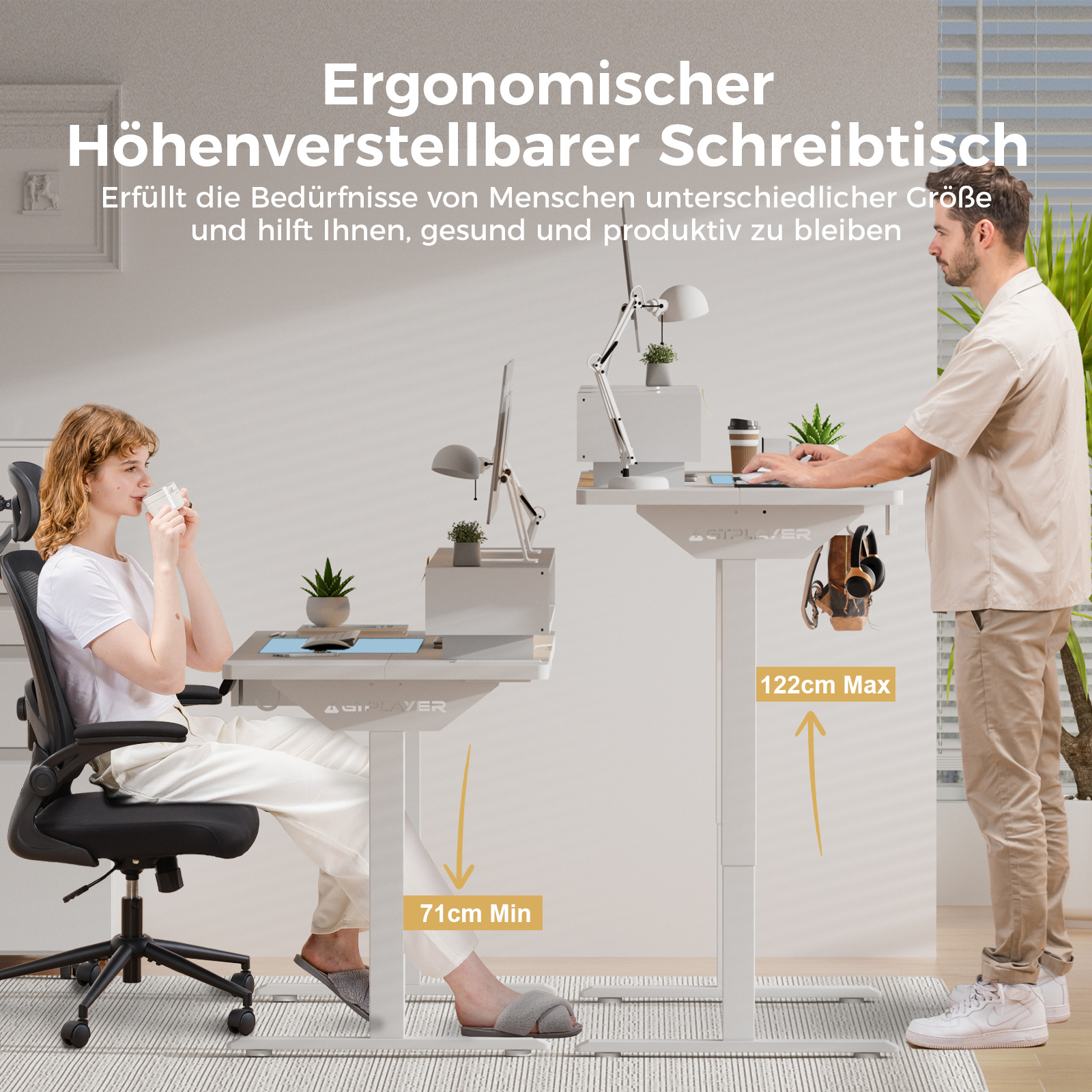 GTPLAYER Höhenverstellbarer Schreibtisch Elektrischer, 120x60cm Schreibtisch Schubladen und Monitorständer, Ideal für Büro