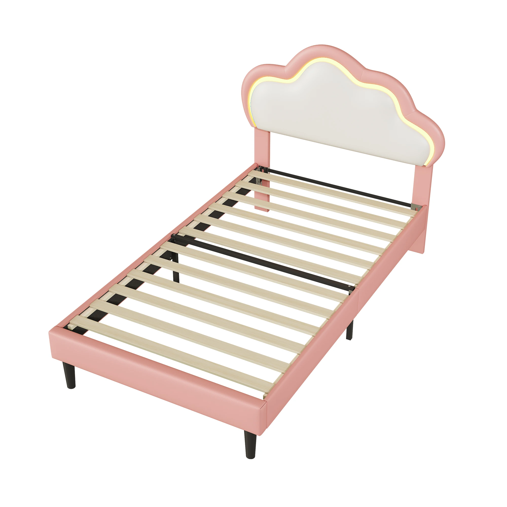 Comanlai Children's bed 90x200cm with cloud-shaped headboard, with multi-color changing LEDs, velvet fabric, beige