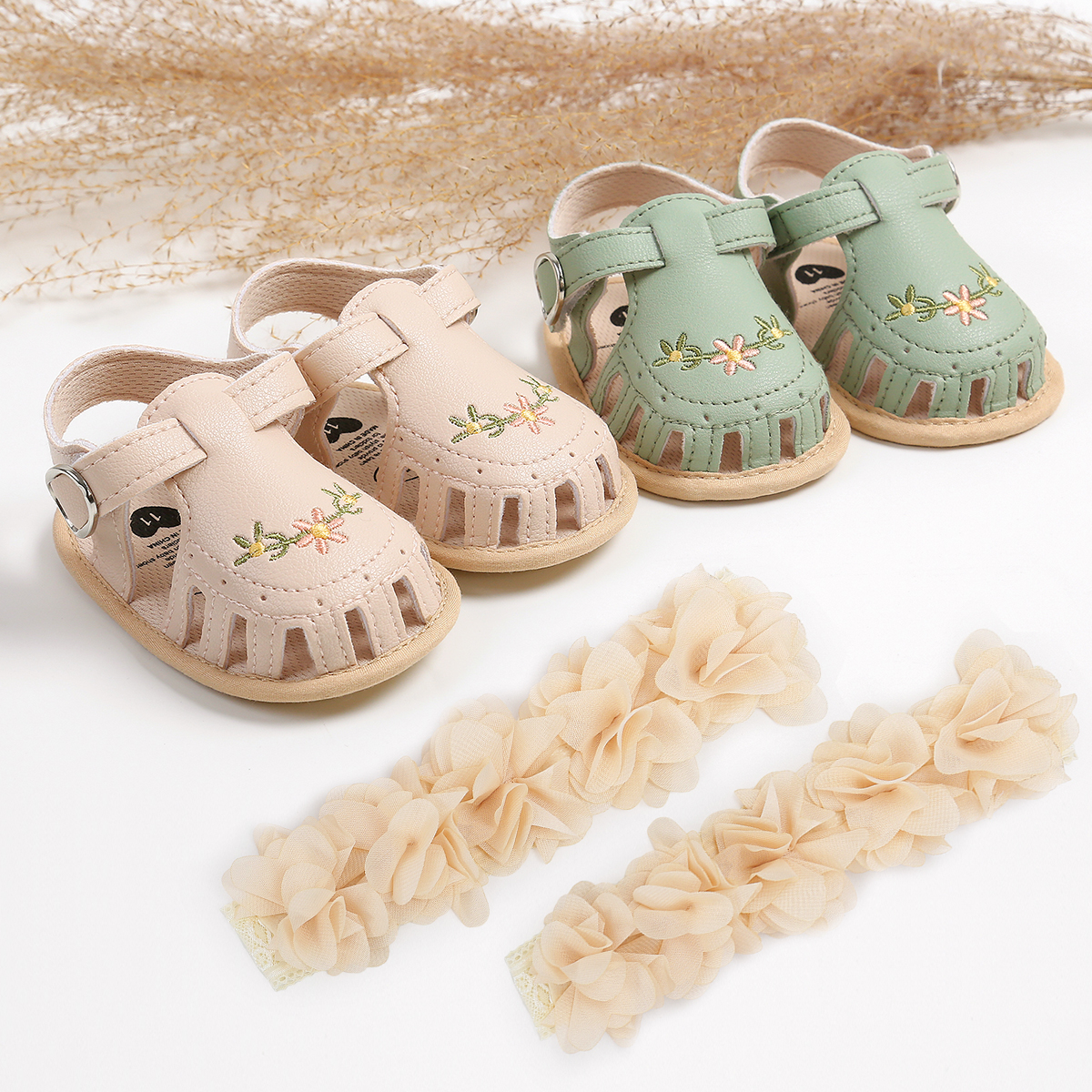 2 stücke Baby Mädchen Mit Blumen Dekor Weiche Sohle Anti Slip Erste Wanderer Schuhe Prewalker Schuhe Sommer & Stirnband Für neugeborene