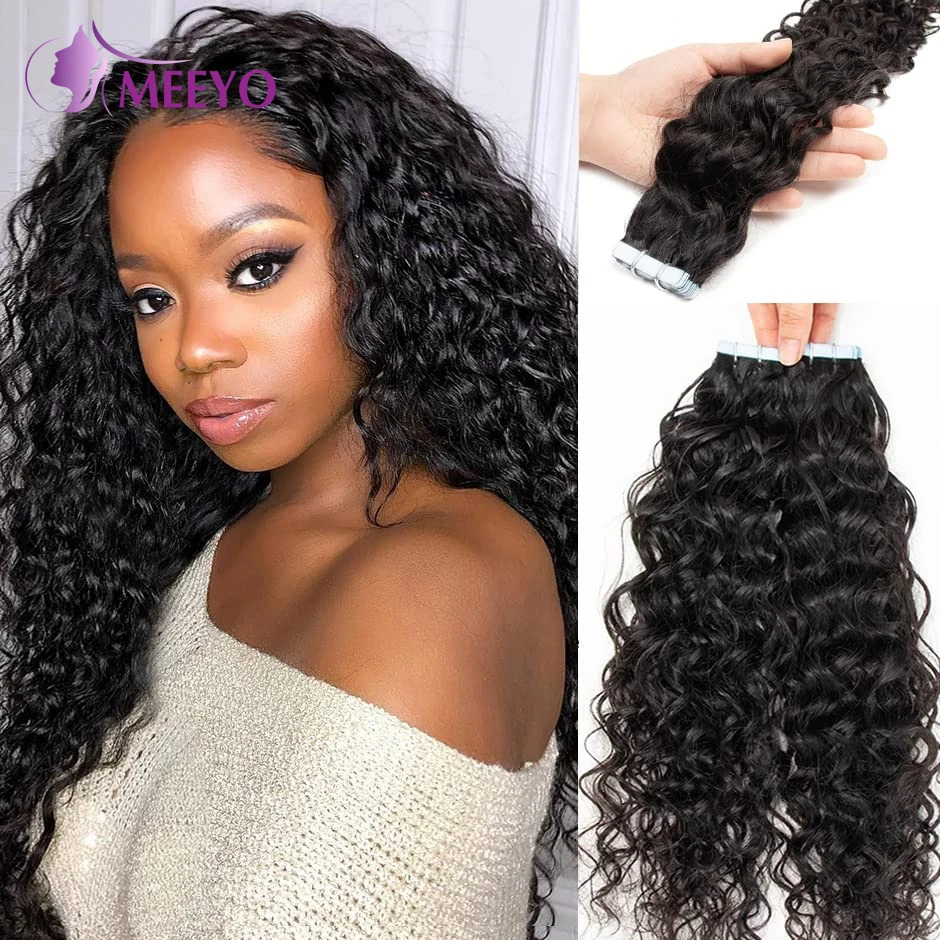 Fita de onda profunda em extensões de cabelo humano brasileiro 100% fita adesiva encaracolado em extensões de cabelo humano natural preto para mulher
