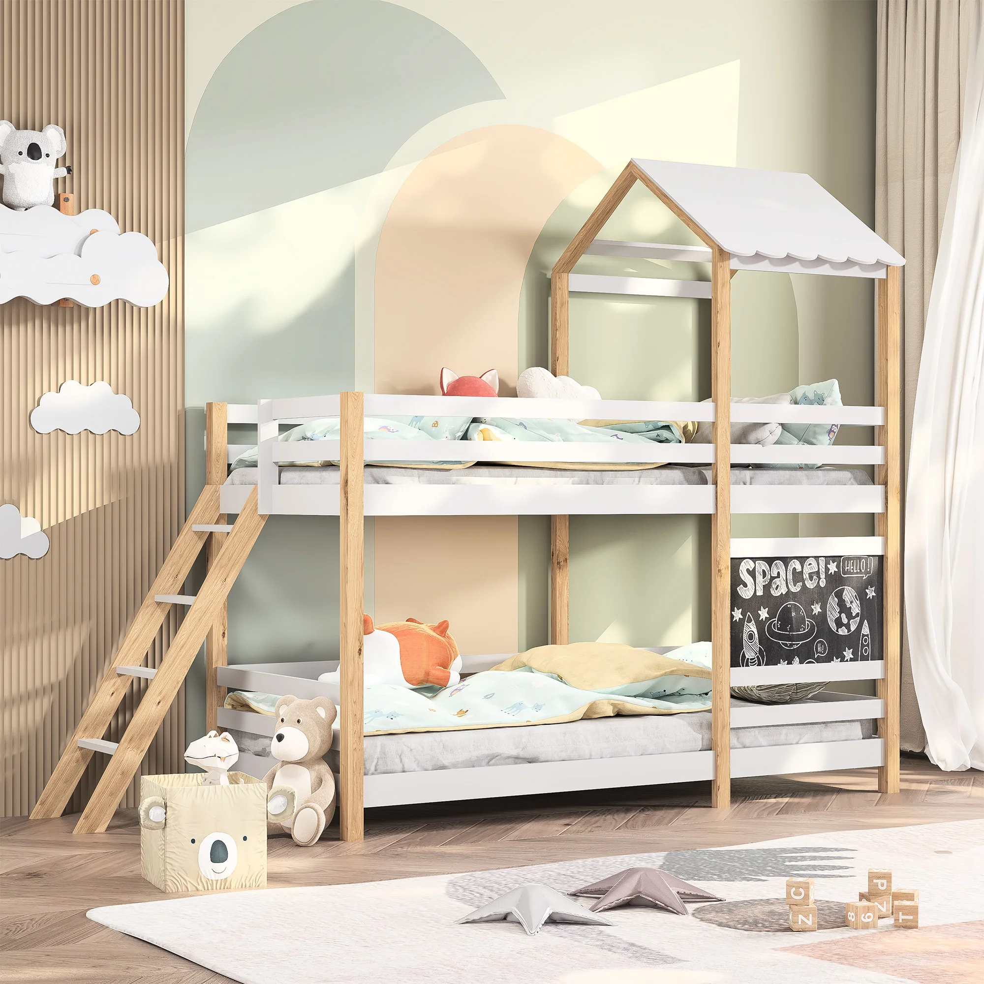 Cama de casal com escada e quadro-negro, cama com cerca, design de telhado infantil, cama loft para crianças, branco, 90x200cm