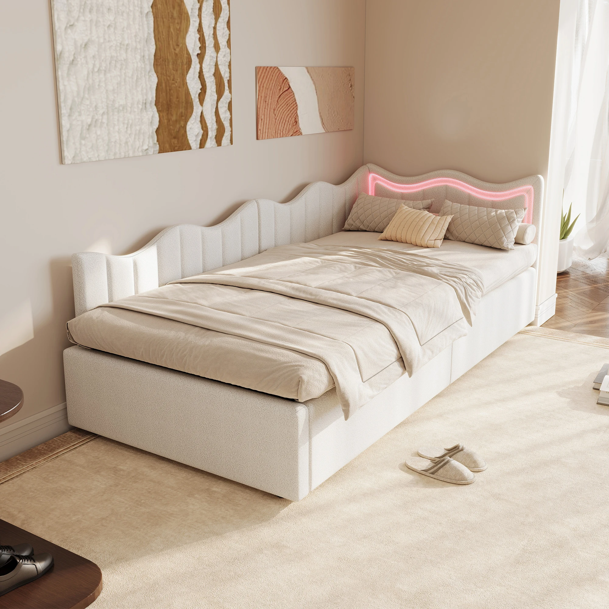 Łóżko dziecięce Rosahqnda 90*200cm Łóżko pojedyncze Sofa tapicerowana Łóżko dmuchane Łóżko młodzieżowe Beżowy aksamit Biały pluszowy miś Biuro
