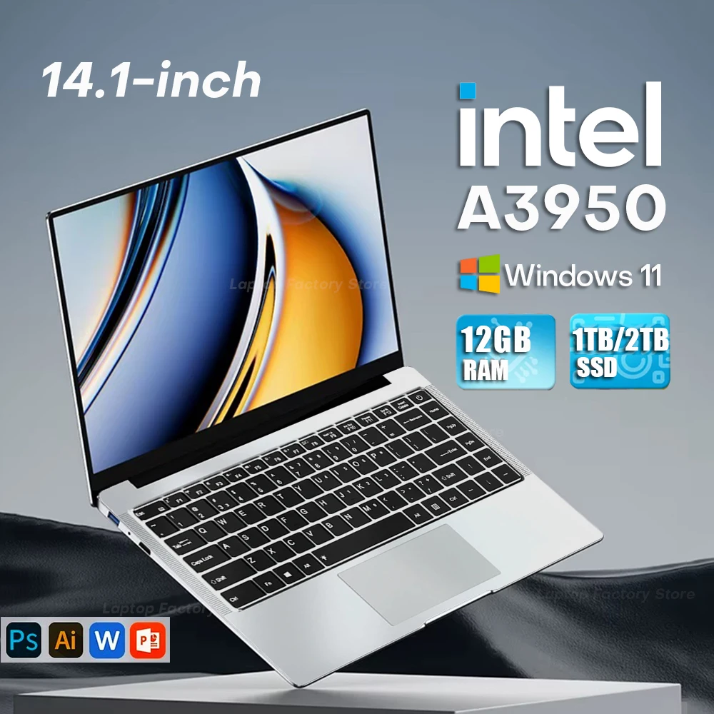 Erilles Ultra Slim Windows 11 Computer portatile 14.1" 12GB RAM 512GB 1TB SSD Intel Atom A3950 Notebook Ufficio Studio Computer PC