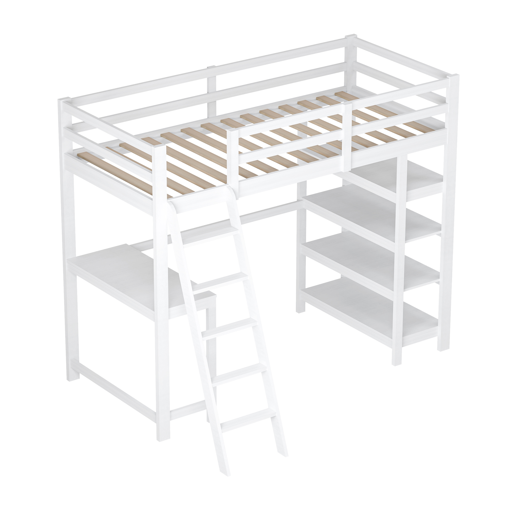 Cadre de Lit en Bois Blanc Polyvalent, Meuble Loft avec Escalier, Lit Simple, Table, 90x200 cm