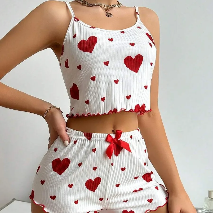 Conjunto de pijama con estampado de corazón de 2 piezas para mujer, top corto sin mangas y pantalones cortos, ropa de dormir suave y cómoda para ropa de dormir de verano