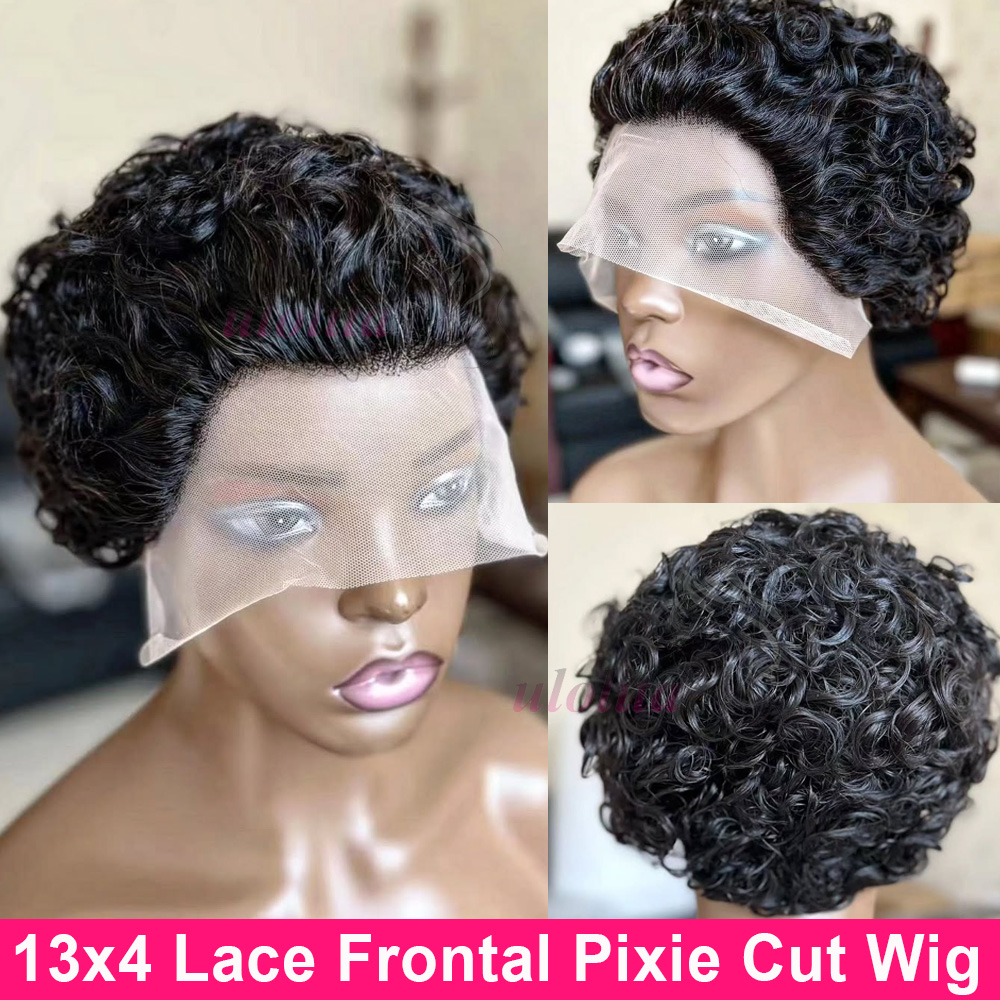 Kort Krullend Pixie Cut Pruiken van echt haar Braziliaans Remy-haar 13x4 Kanten Voorkant Pruiken Voor Vrouwen Voorgeplukt 200 Dichtheid Natuurlijk Zwart