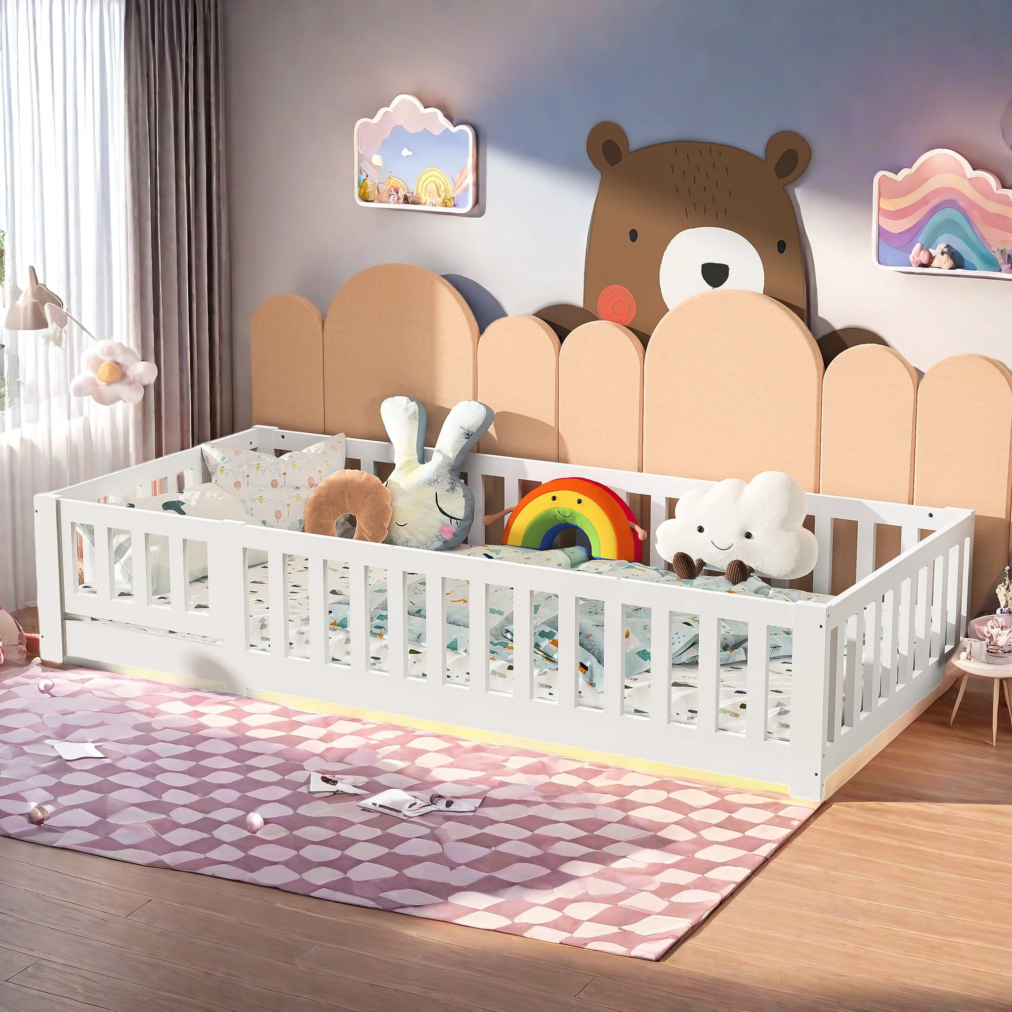Cama infantil Rosahqnda anti-violação 90x200cm madeira maciça de pinho cama de chão Montessori para meninos e meninas branca