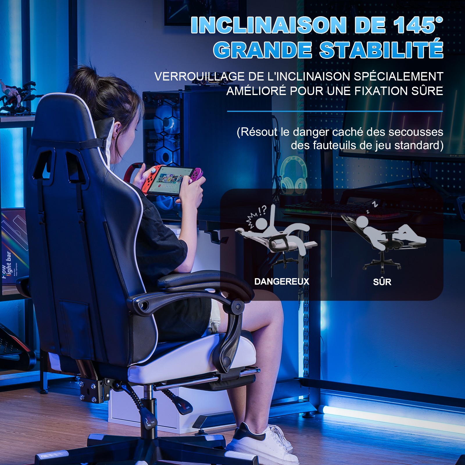 Chaise de jeu GTPLAYER, chaise de jeu, chaise de bureau ergonomique avec repose-pieds, coussin lombaire et tête réglable, chaise de jeu rembourrée, fauteuil de jeu, capacité de charge de 150 kg