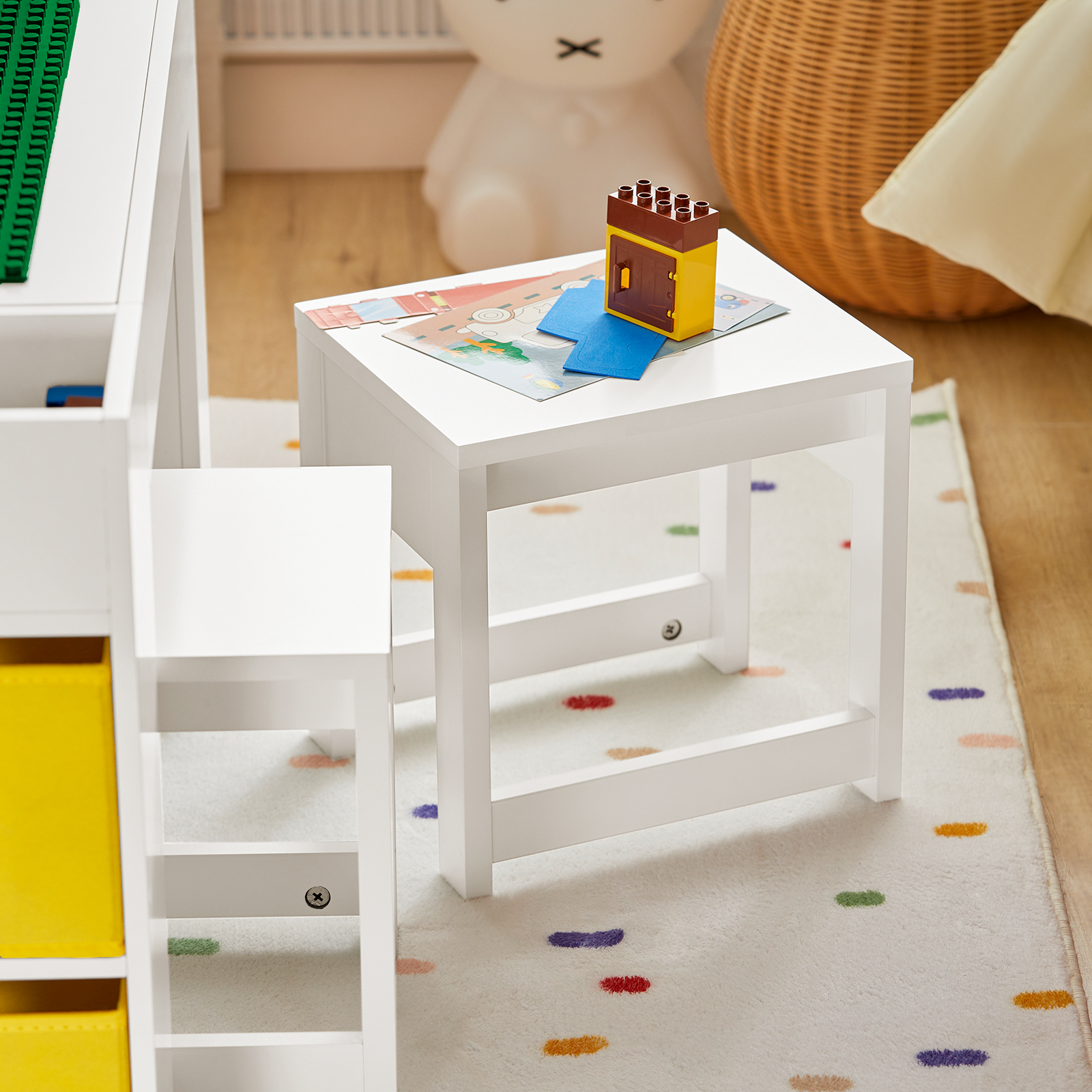 SoBuy KMB75-W Kindertisch mit 2 Stühlen Kindersitzgruppe mit Stauraum multifunktionaler Kindersitzgruppe Kinder Tisch Stuhl Set