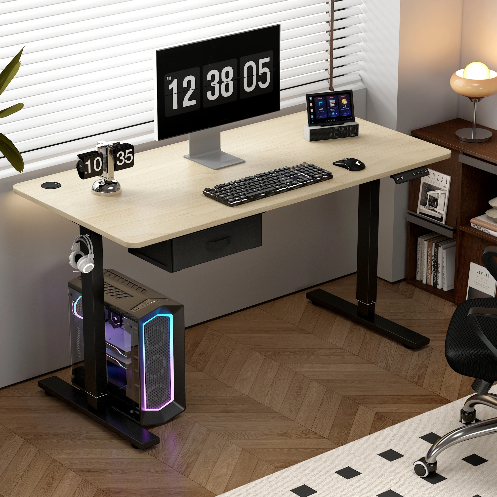 Electric Standing Desk Sit Stand Table Height Adjustable Electric Computer Desk USB Charging Port Drawer for Home Office-100cm