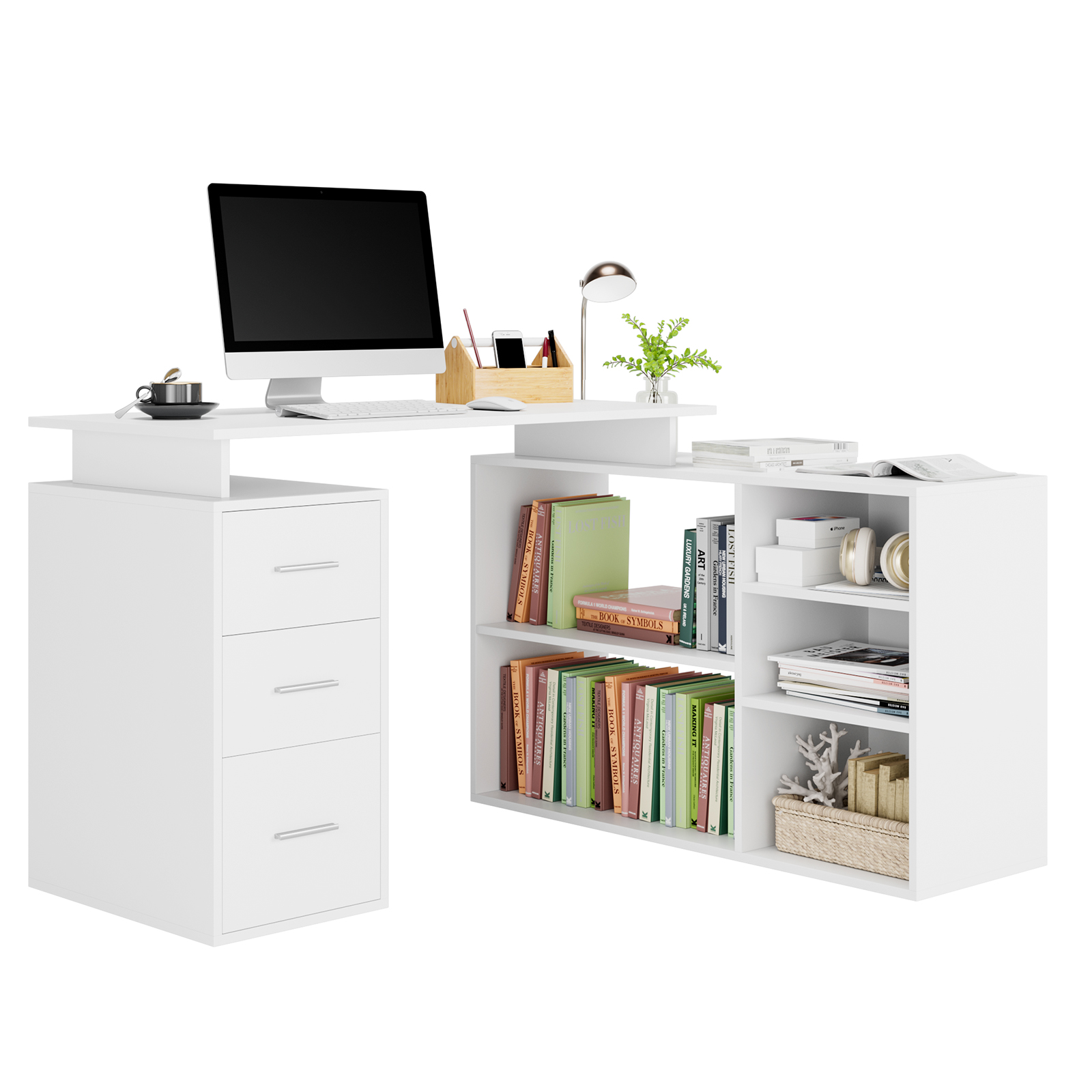 Getone Schreibtisch Eckschreibtisch L-förmige Schreibtisch mit Schubladen und Regalen für Arbeitszimmer Büro Homeoffice 129x104x
