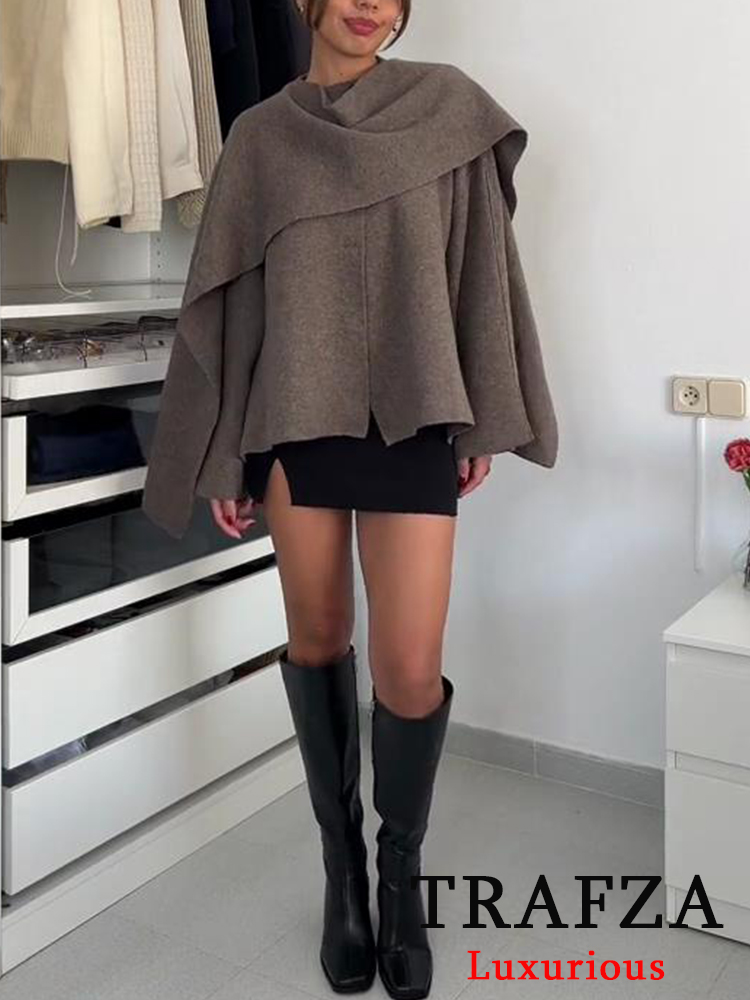 TRAFZA ヴィンテージカジュアルシックな女性ニットスカーフセーター O ネック長袖ルーズショートコートファッション 2025 春冬生き抜く