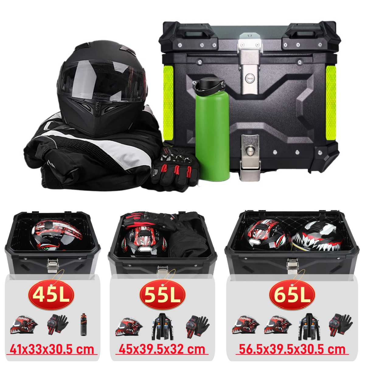 45L,55L,65L Aluminium Motorrad Top Case Helm Box Wasserdichte Motorrad Stamm Schwanz Box Hinten Gepäck Fall Quick Release Werkzeug Box