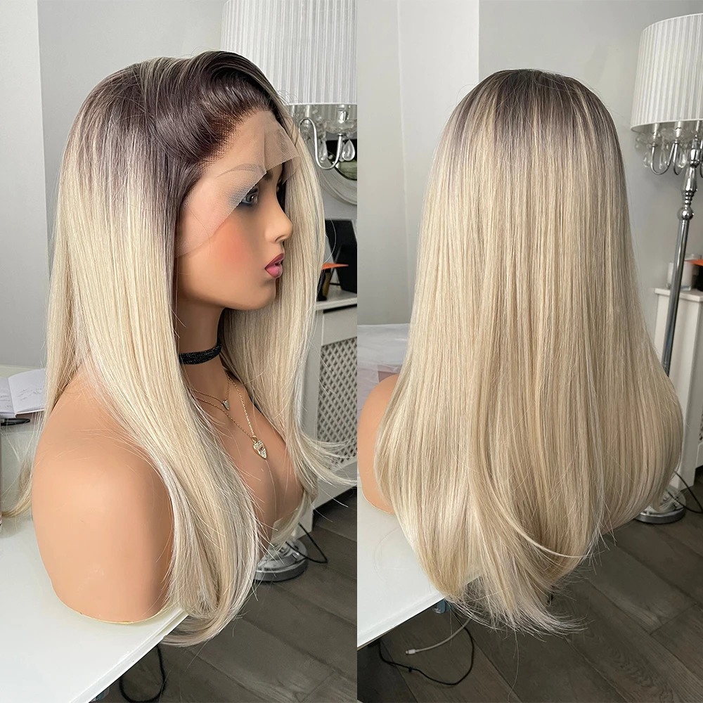 Peluca de encaje Rubio degradado, línea de cabello prearrancada, parte libre, peluca con malla frontal suiza 13x3, peluca sintética resistente al calor