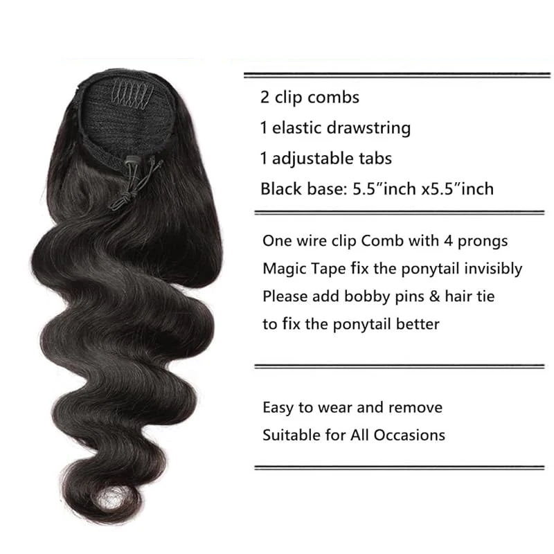 Extensions de cheveux humains queue de cheval de cordon de vague de corps 10-26 pouces pince en Extensions de cheveux humains brésiliens bouclés pour les femmes # 1B