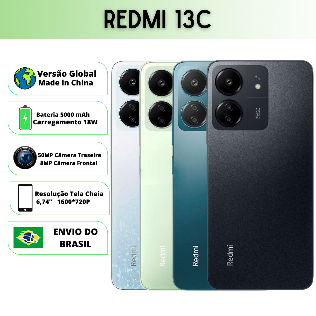 Xiaomi Redmi 13C Versão Global | Smartphone 4G , ROM Global , Câmera 50MP , Carregador  18W