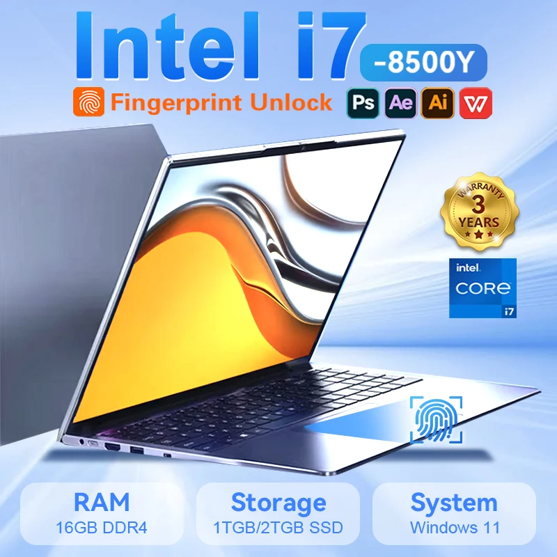Laptop da 15,6 "Windows 11 i7 Intel Core i7 8500Y PC da gioco 16 GB di RAM 1 TB 2 TB SSD Laptop Impronte digitali Sblocco Computer portatile