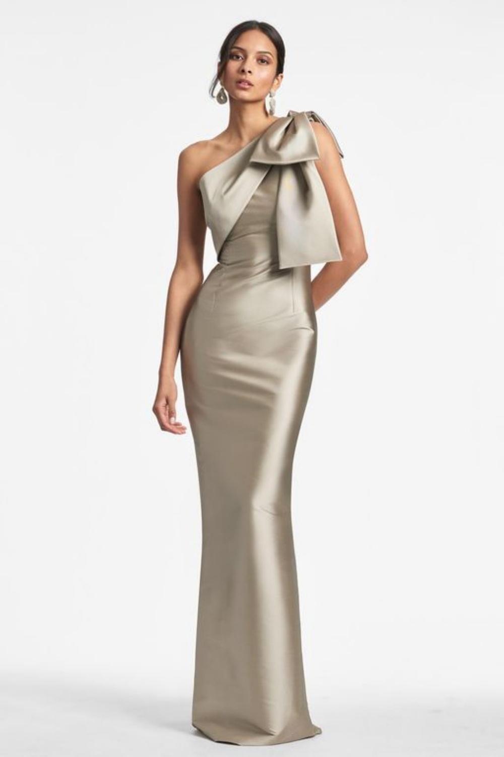Elegant หนึ่งไหล่ซาติน Mermaid Prom ชุดหลังแยกโบว์ความยาวชั้นโอกาสพิเศษพรรคอย่างเป็นทางการชุดที่กําหนดเอง