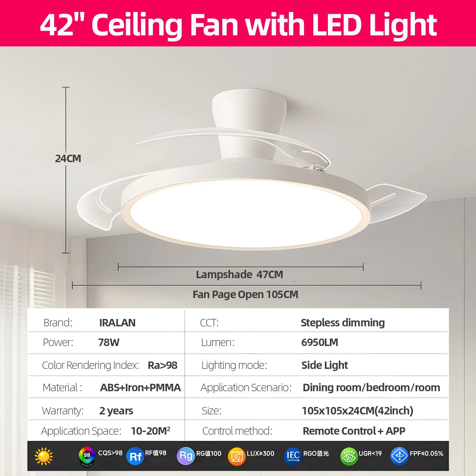 IRALAN Modern Invisible Ceiling Fan with LED Light DC motor Large Air Volume Remote Control for Bedroom Dining room