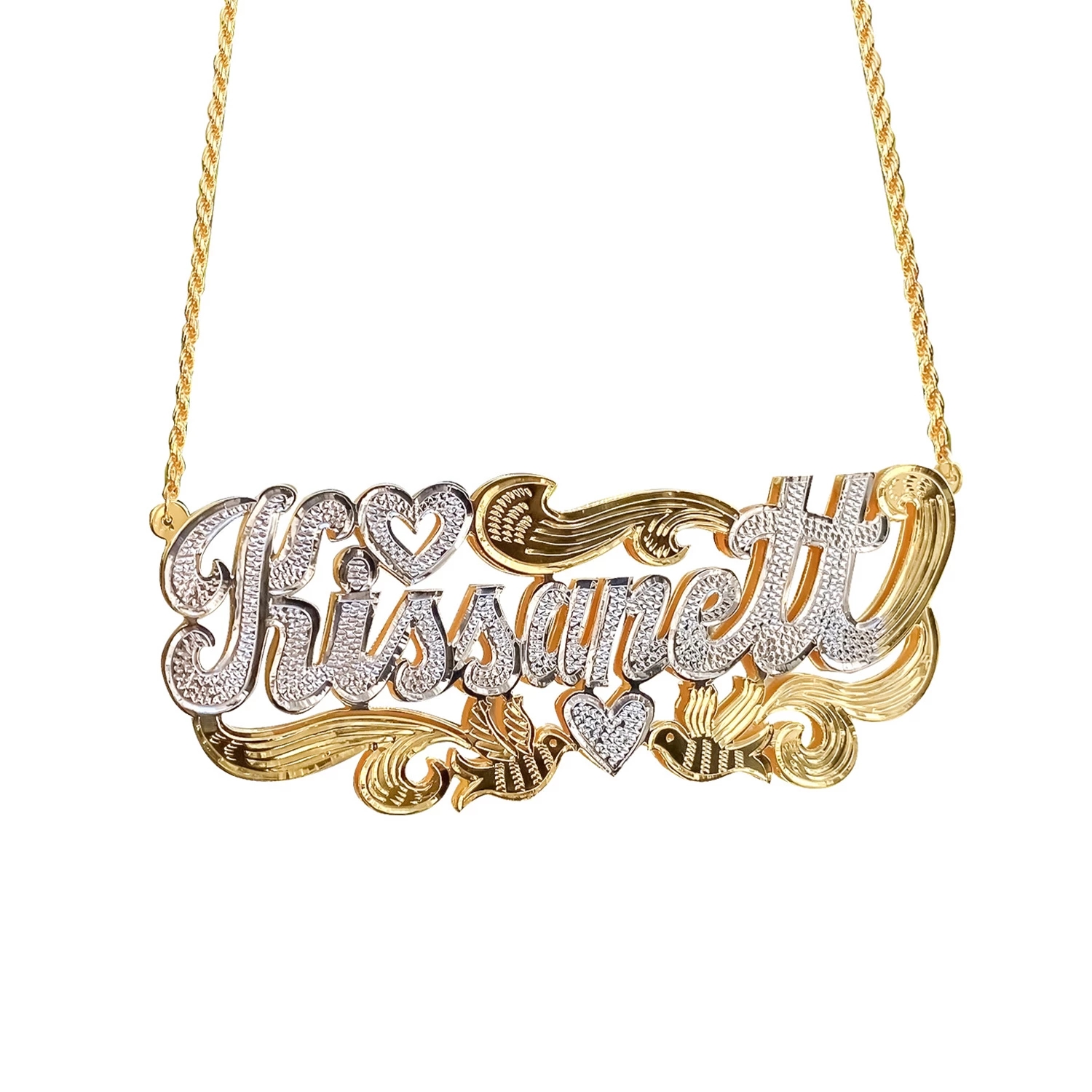 Collar con nombre personalizado, oro de 18 quilates, dos tonos, joyería personalizada, collares de acero inoxidable, placa doble, placa con nombre 3D, regalo