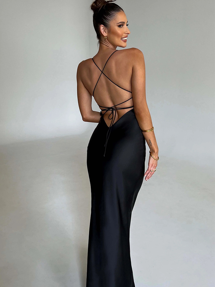 Arctic Cat Satin Backless Lace Up Meerjungfrau Slip Kleid Frauen Schatz Hals Sexy Schlank Bodycon Kleider Elegante Seide Kleid Party