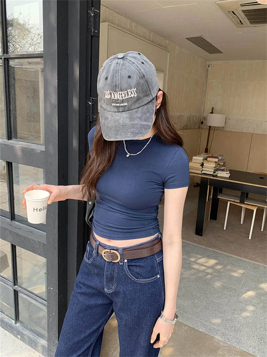 Basic Solid Crop Top Kurzarm Crewneck Skinny T-shirt Sommer Casual Tee für Frauen y2k Vintage Top Harajuku Streetwear