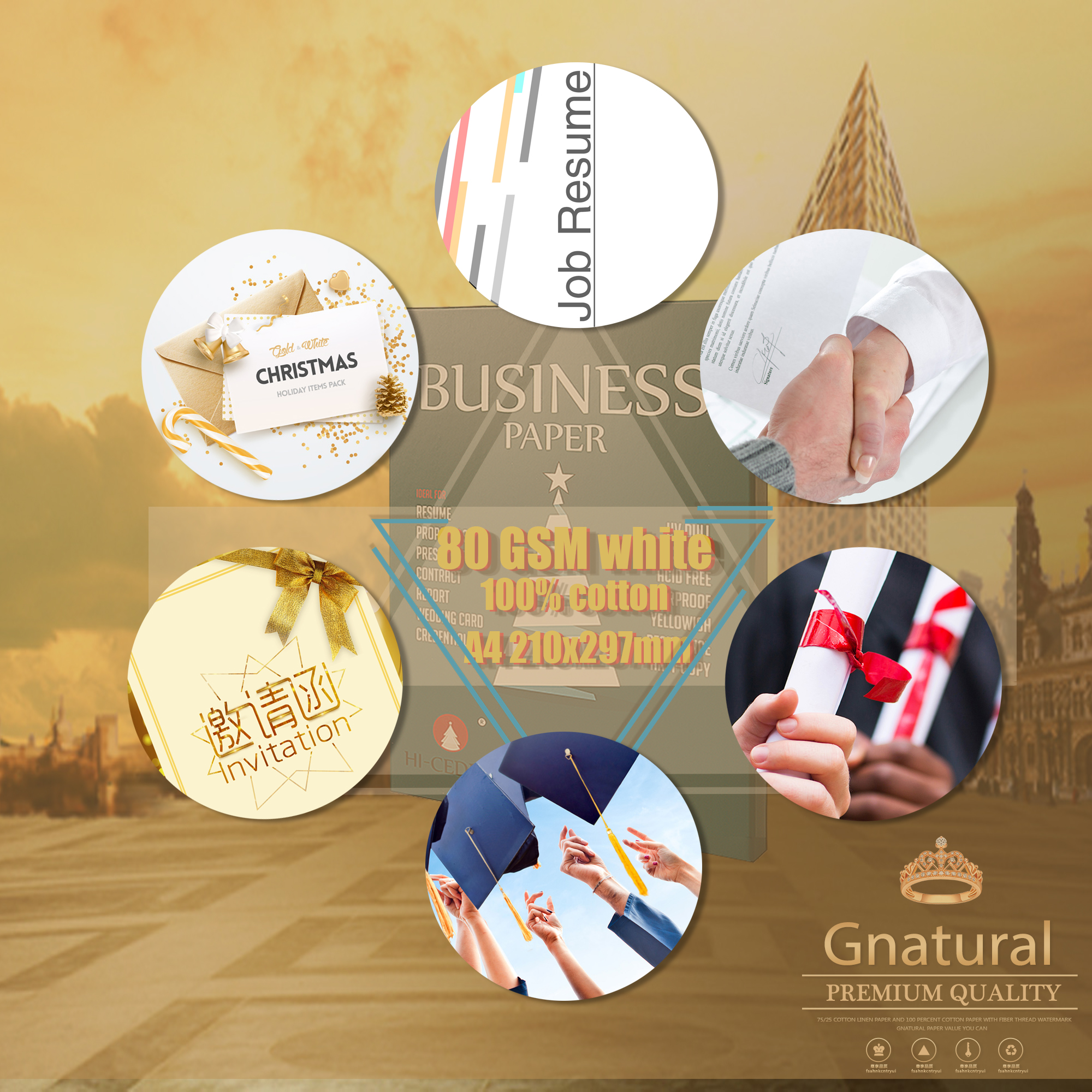 80gsm Papel 100% Algodón A4 210*297mm, Color Blanco, Sin Amido, Impermeable, 120 Hojas GCYT015