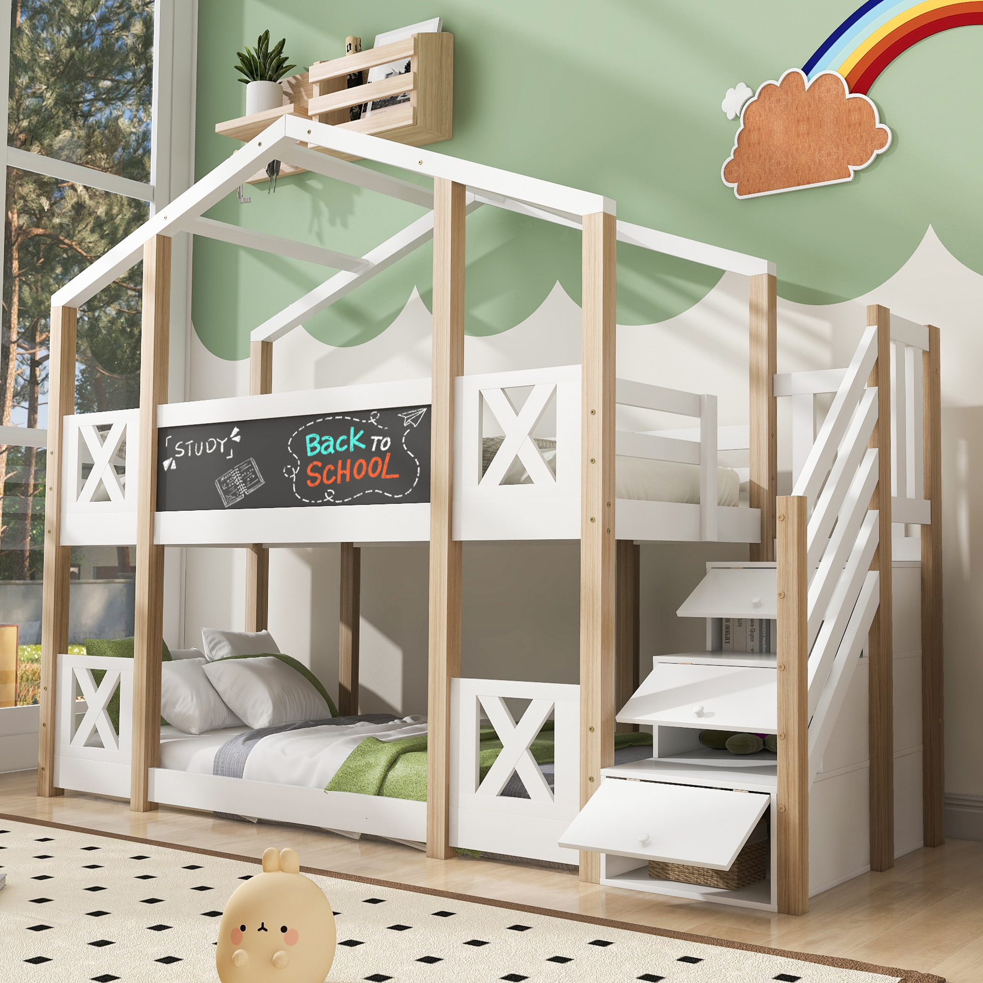 Lit superposé enfant 90x200 cm style maisonnette, escaliers, rangements et protections anti-chute, bois naturel et blanc
