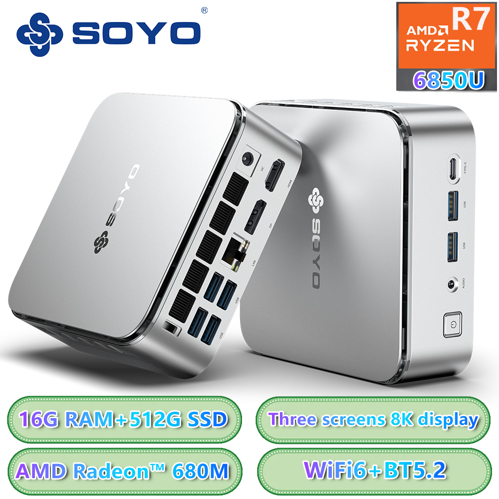 SOYO S4 Air Mini PC AMD R7-6850U 8C/16T NUCBOX 16GBDDR5 4800MHz 512GB NVME3.0SSD Ventana 11 Pro AMD Radeon ™   Computadora de escritorio de 680M