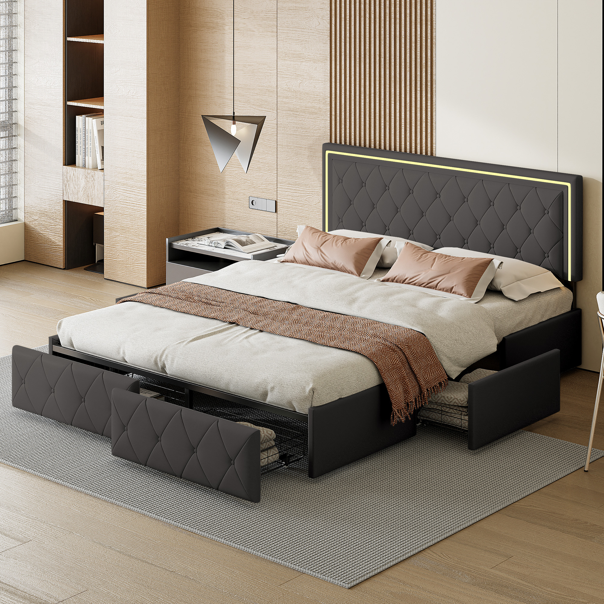 Rosahqnda Lit moderne en simili cuir avec tiroirs, lit double élégant en simili cuir avec rangement, sans matelas