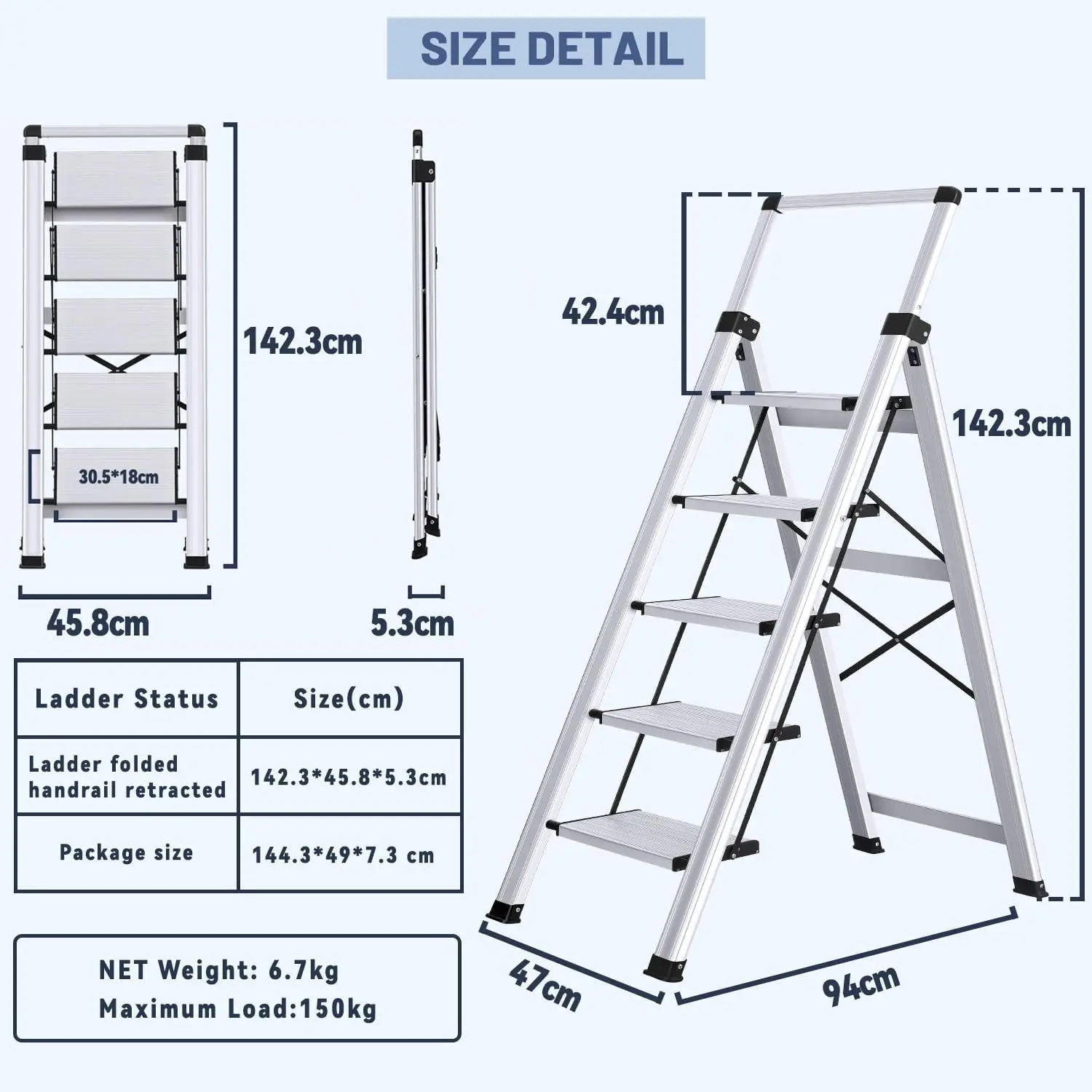 Step Ladder 5 Step, Aluminum Folding Step Stool with Retractable Handgrip & Removable Tool Tray, Lightweight Stepladders